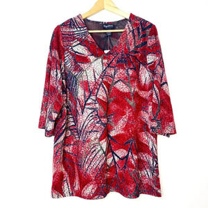 NWT Maggie Barnes Red Black Gold White Leaves Print Blouse 00X 3/4 Sleeve Top
